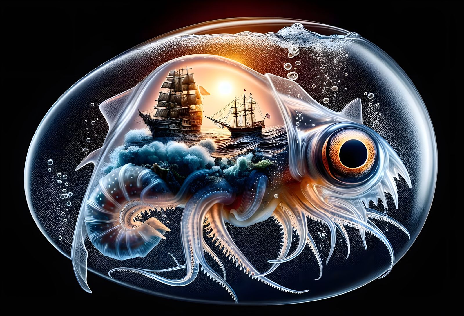 Transparent Sea Monster with Ship and Lighthouse