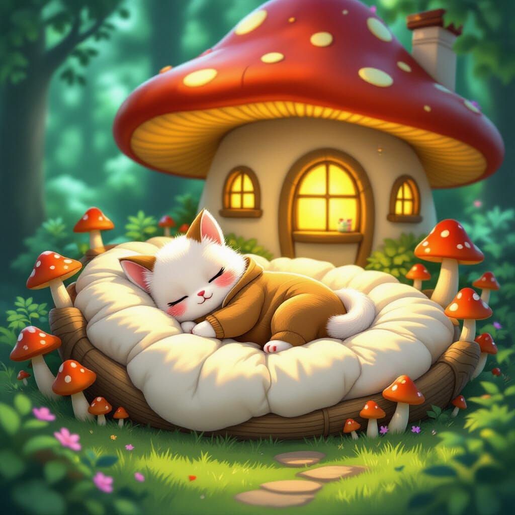 Magical Pet Asleep in Mushroom House, Whimsical Art