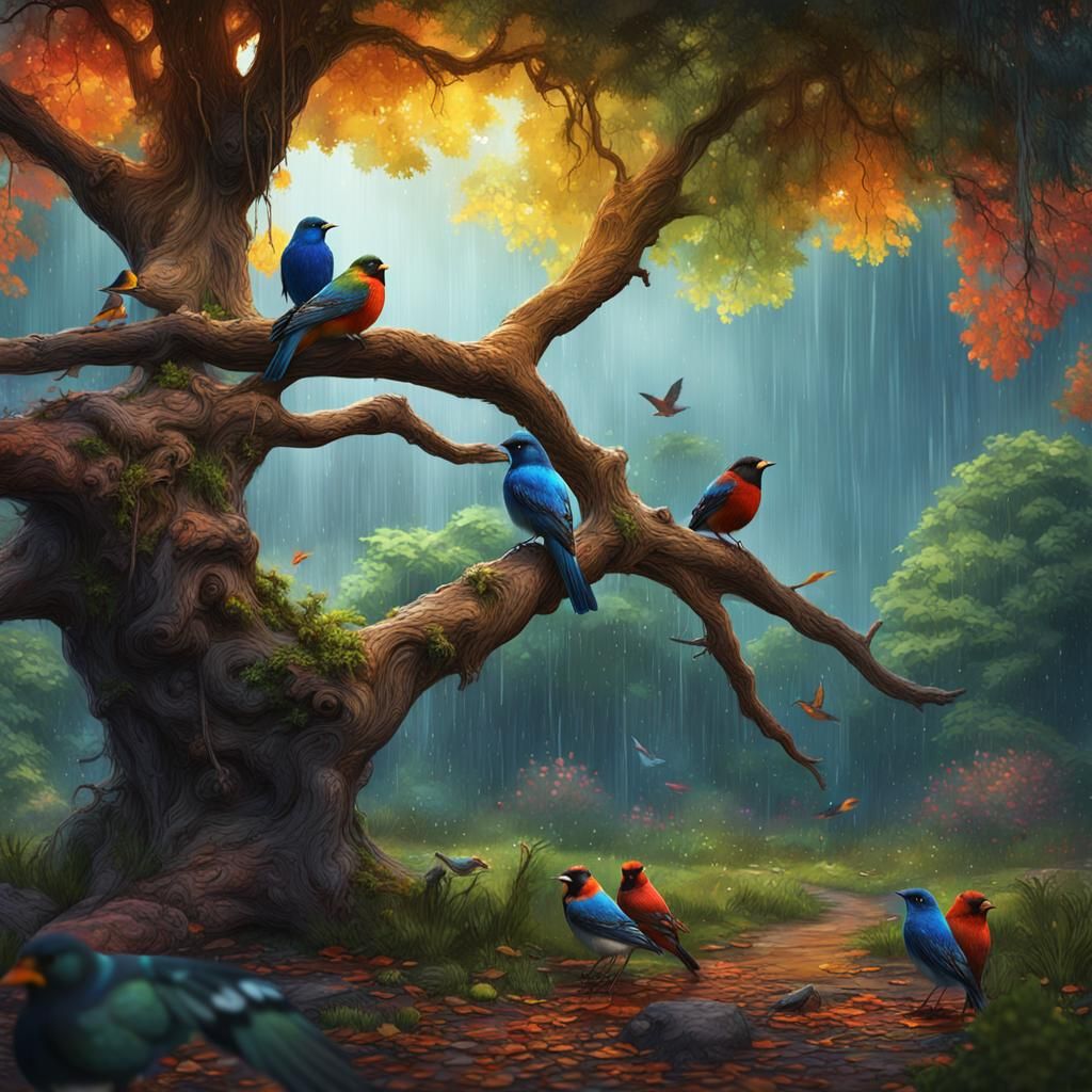 Birds in Rainy Tree: Detailed Matte Painting
