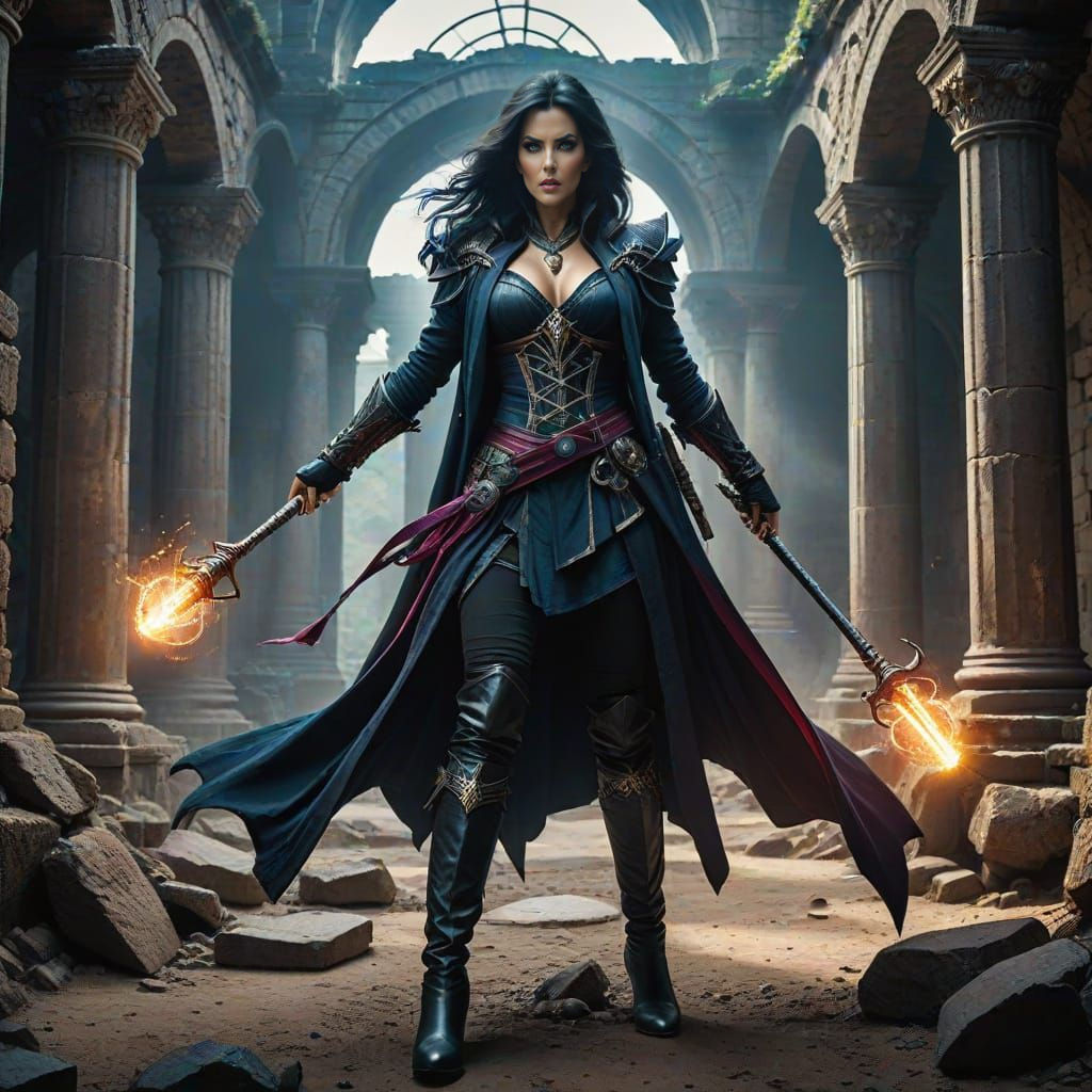 Powerful Sorceress Wielding Magic in Ancient Ruins