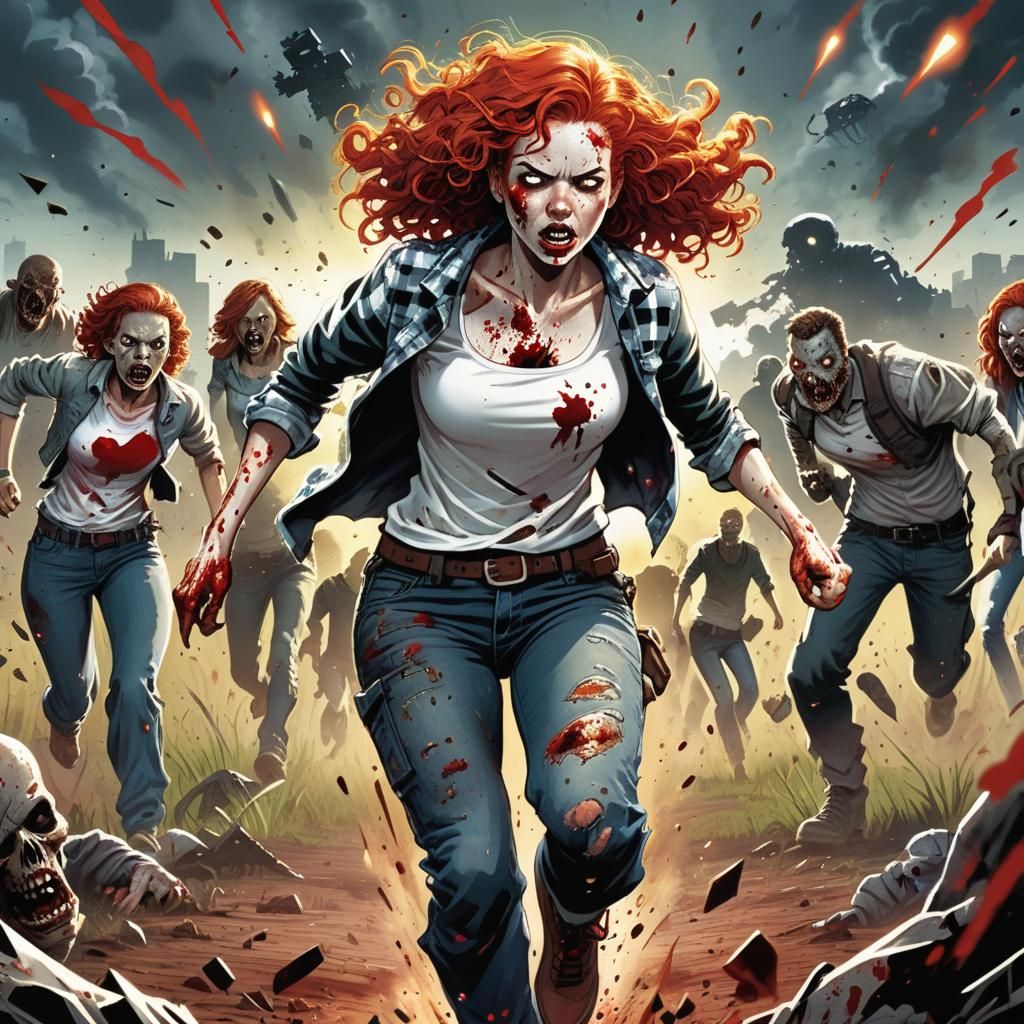 Woman Escaping Zombies in Comic Book Style