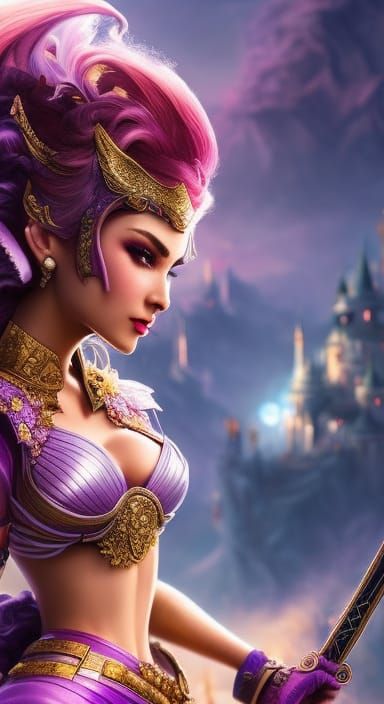 Warrior Princess Battles in Candy Castle, Digital Art