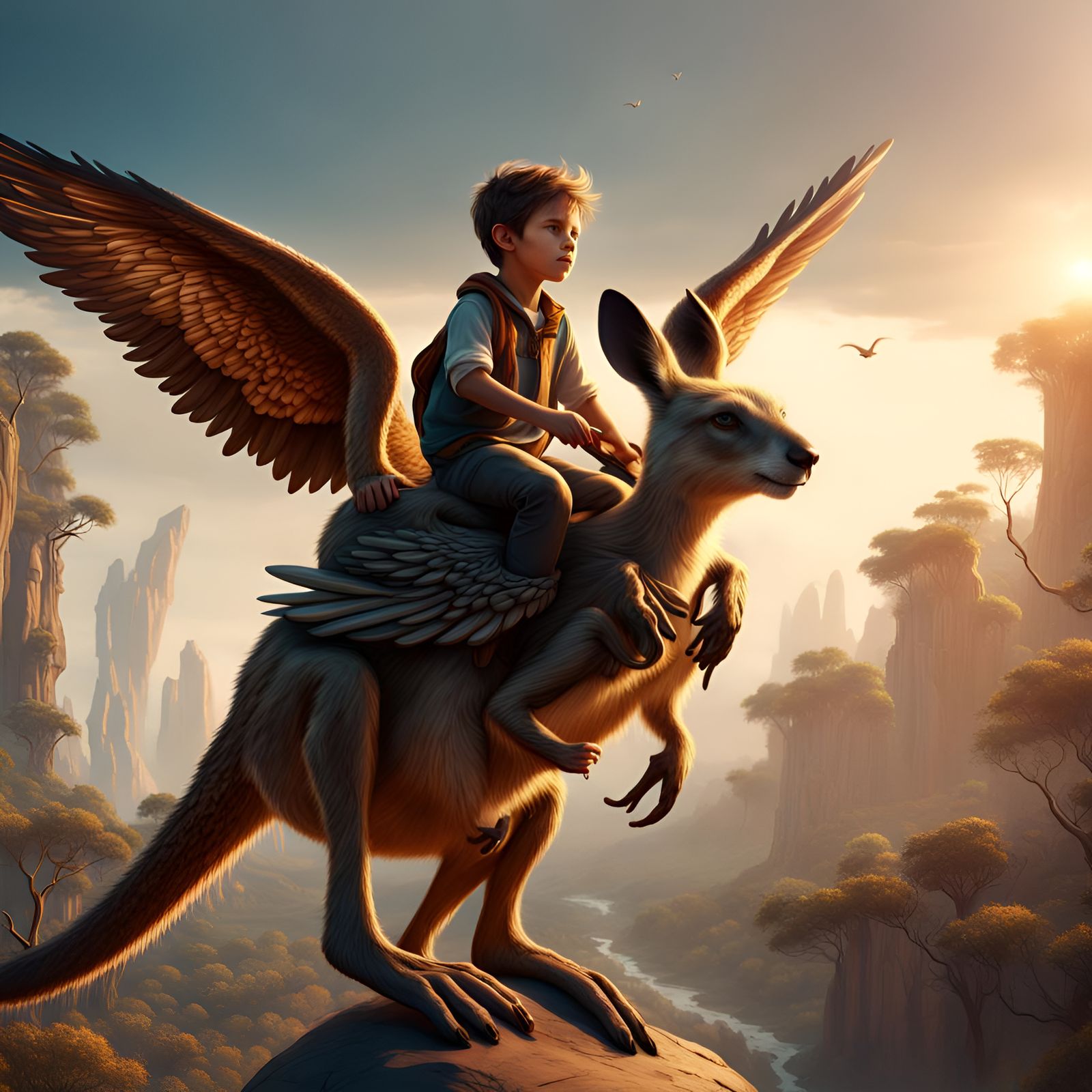 Boy Riding a Winged Kangaroo Fantasy Art