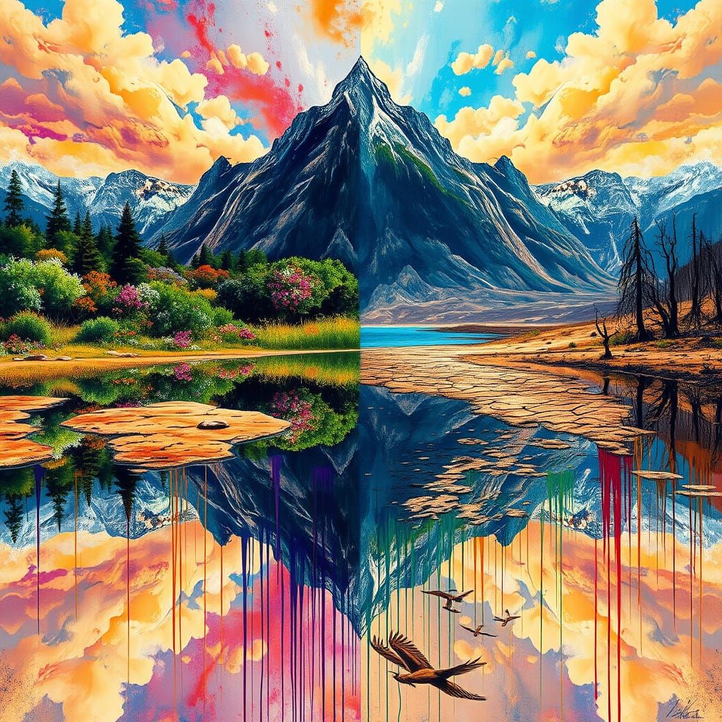 Vibrant Oasis vs. Barren Wasteland in Dynamic, High-Contrast...