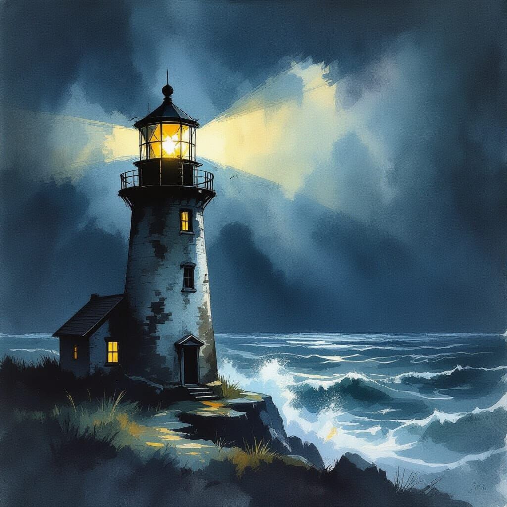 Atmospheric Watercolor Lighthouse Against Stormy Seas