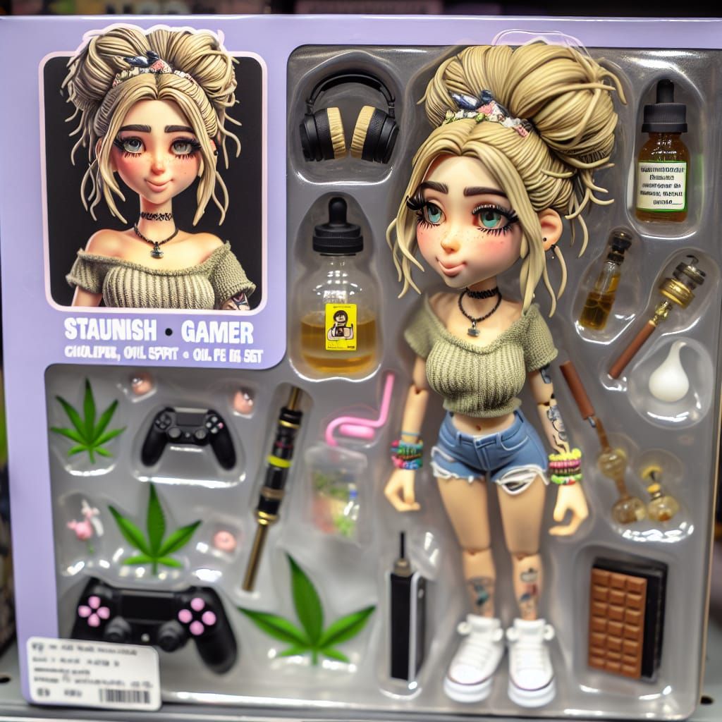 Cartoon Gamer Girl Action Figure on Store Shelf