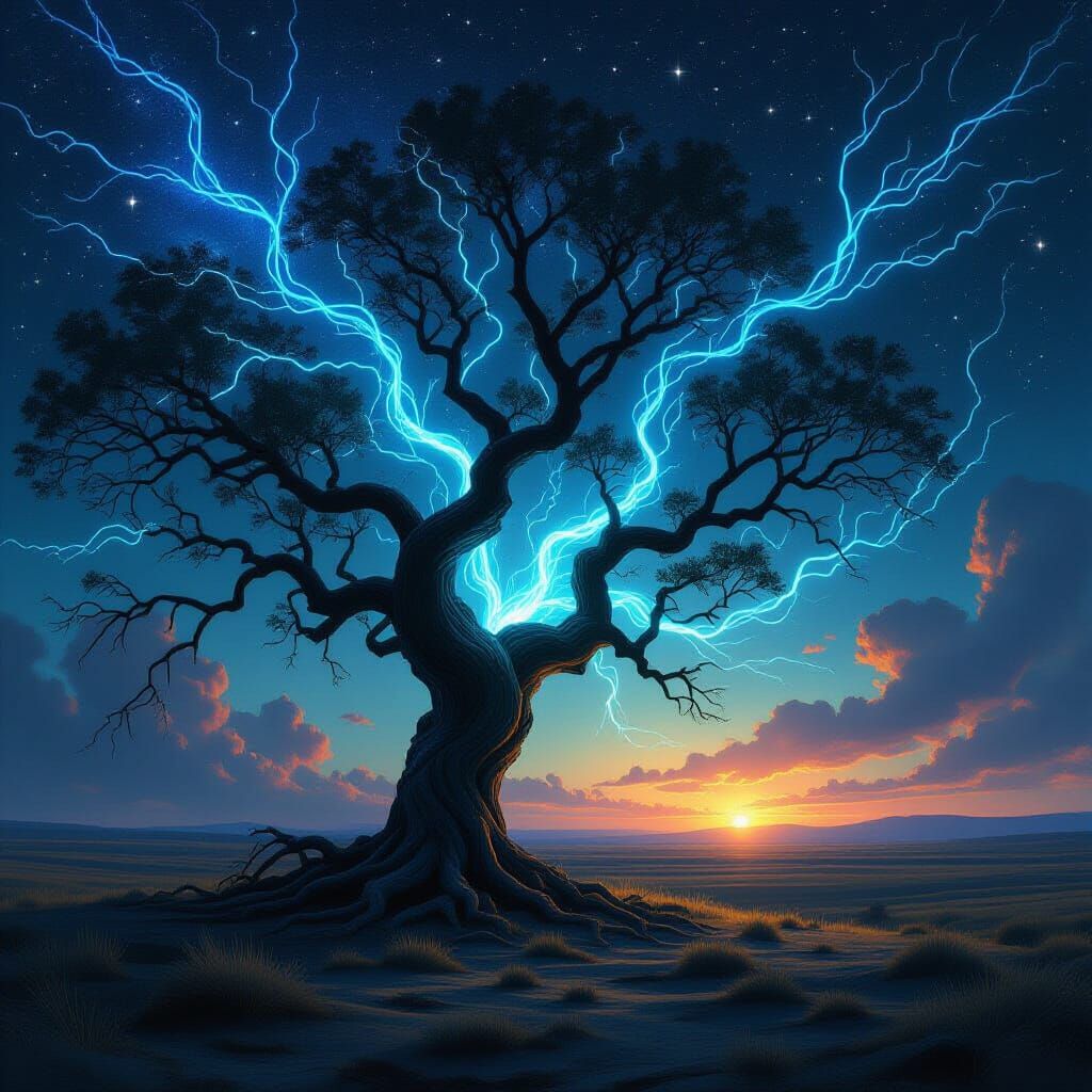 Ancient Tree Under Cosmic Sky in Surreal Style