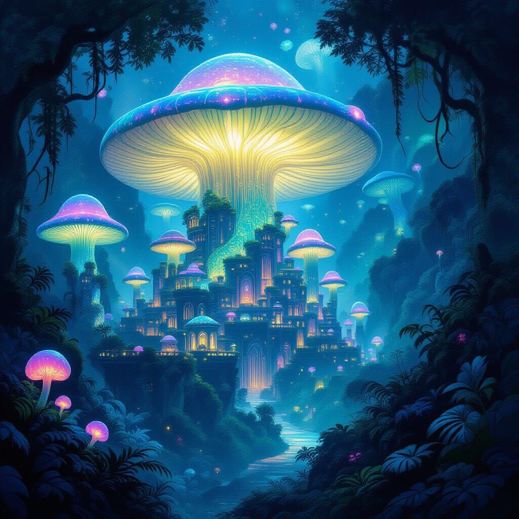 Bioluminescent Mushroom City in Alien Jungle