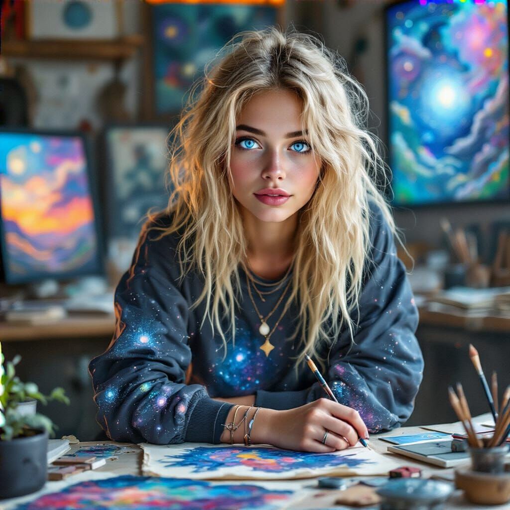 Inspired Young Woman in Cosmic Lounge Outfit