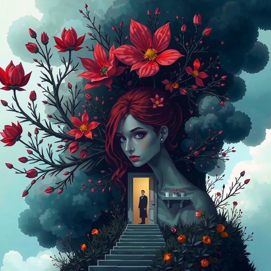 Surreal Goddess Blossoms into a Tree in a Dreamlike Landscap...