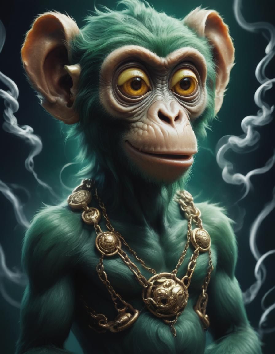 Humorous Green Monkey Shackled in Chains: Digital Art