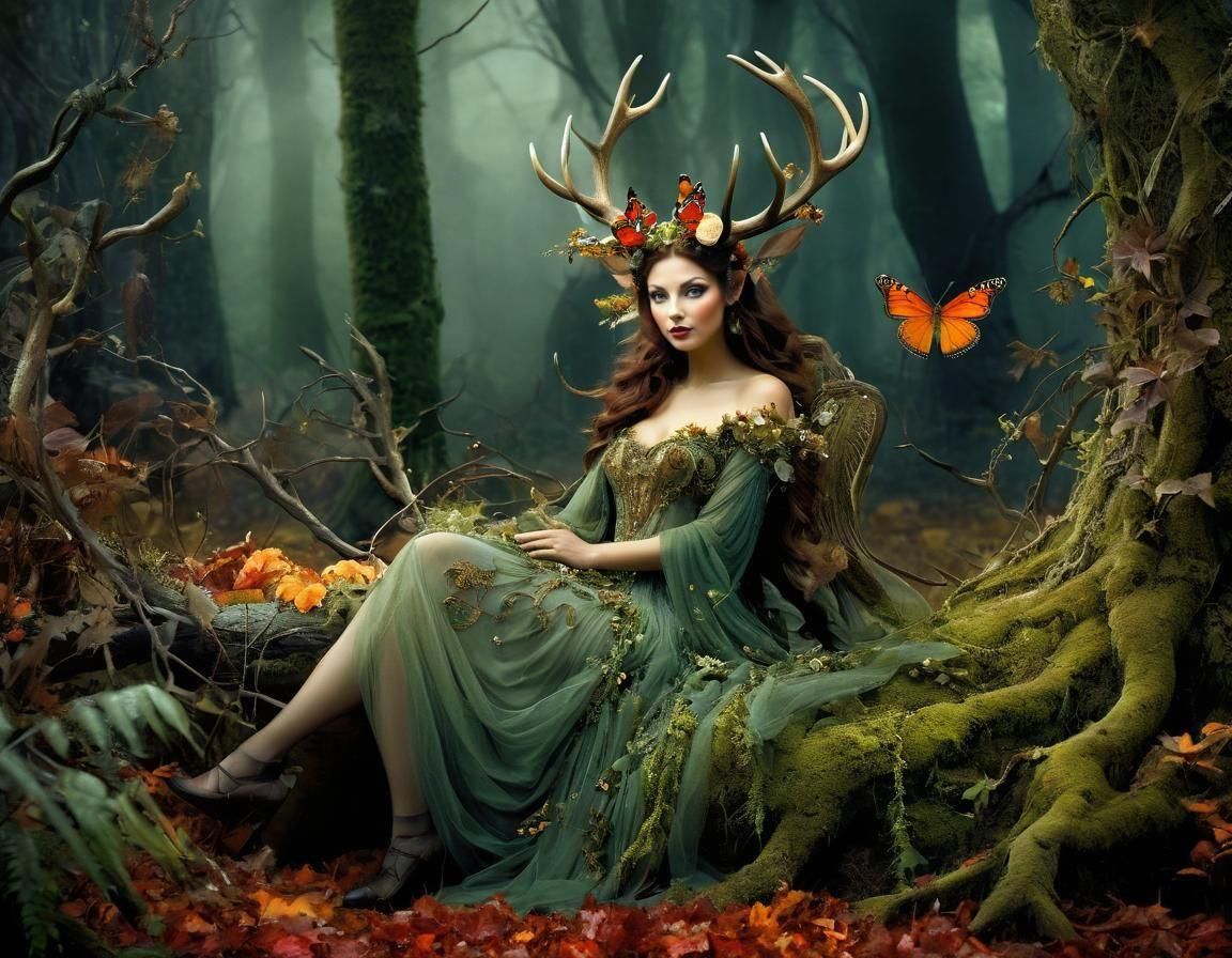 Enchanted Forest Fairy with Antlers, Digital Illustration