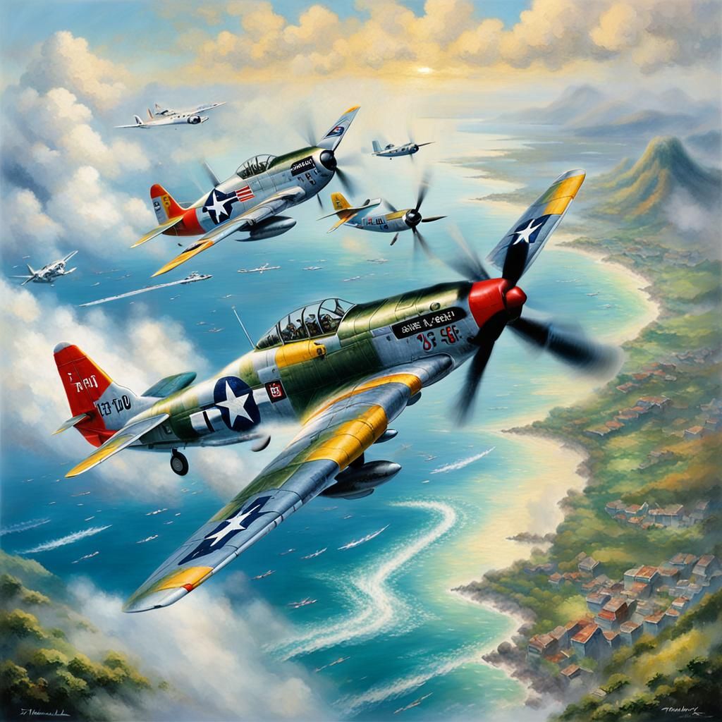 P-51 Fighter in Pacific Dogfight, Ethereal Style