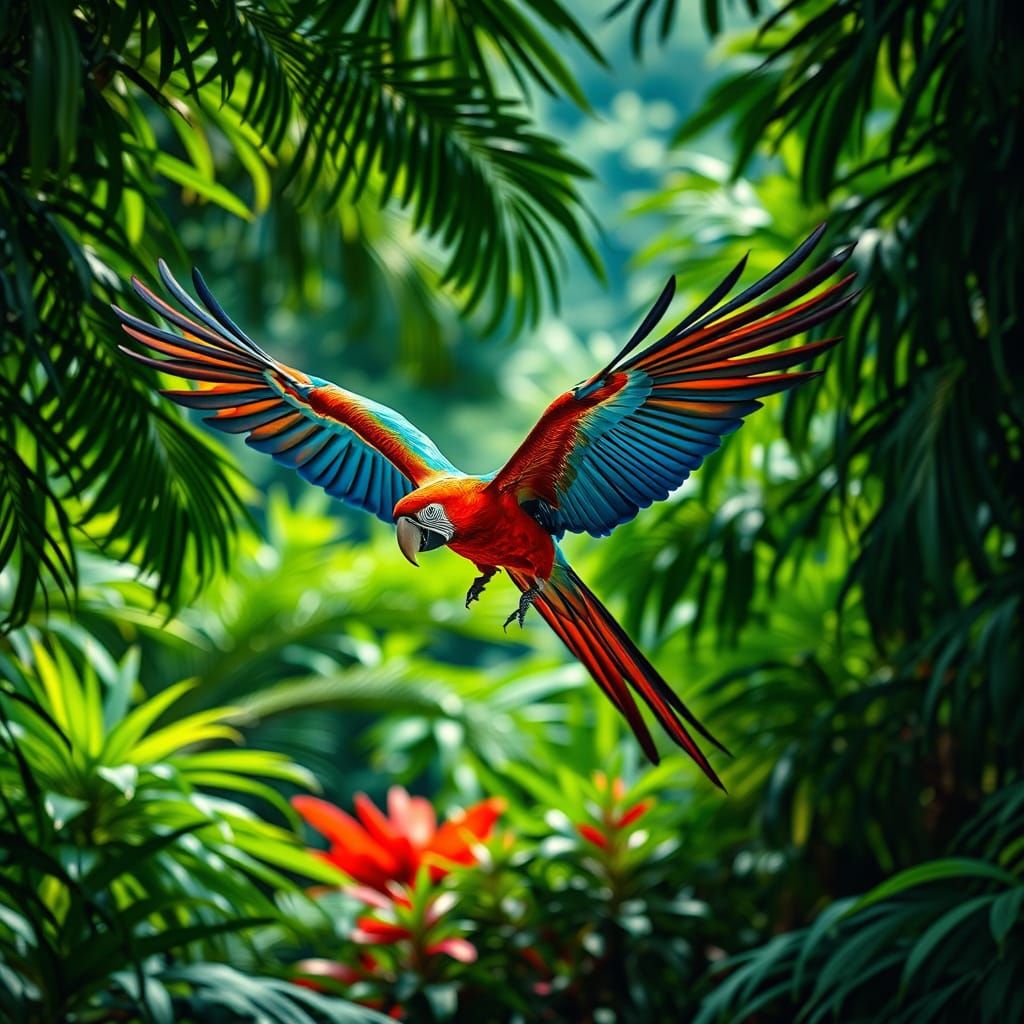 Scarlet Macaw Soaring Through Jungle Canopy in HDR