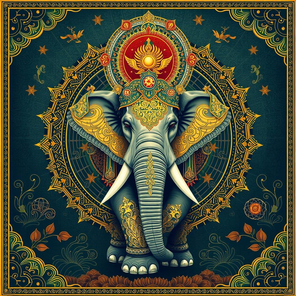 Golden Elephant Emerge from Mandala Background