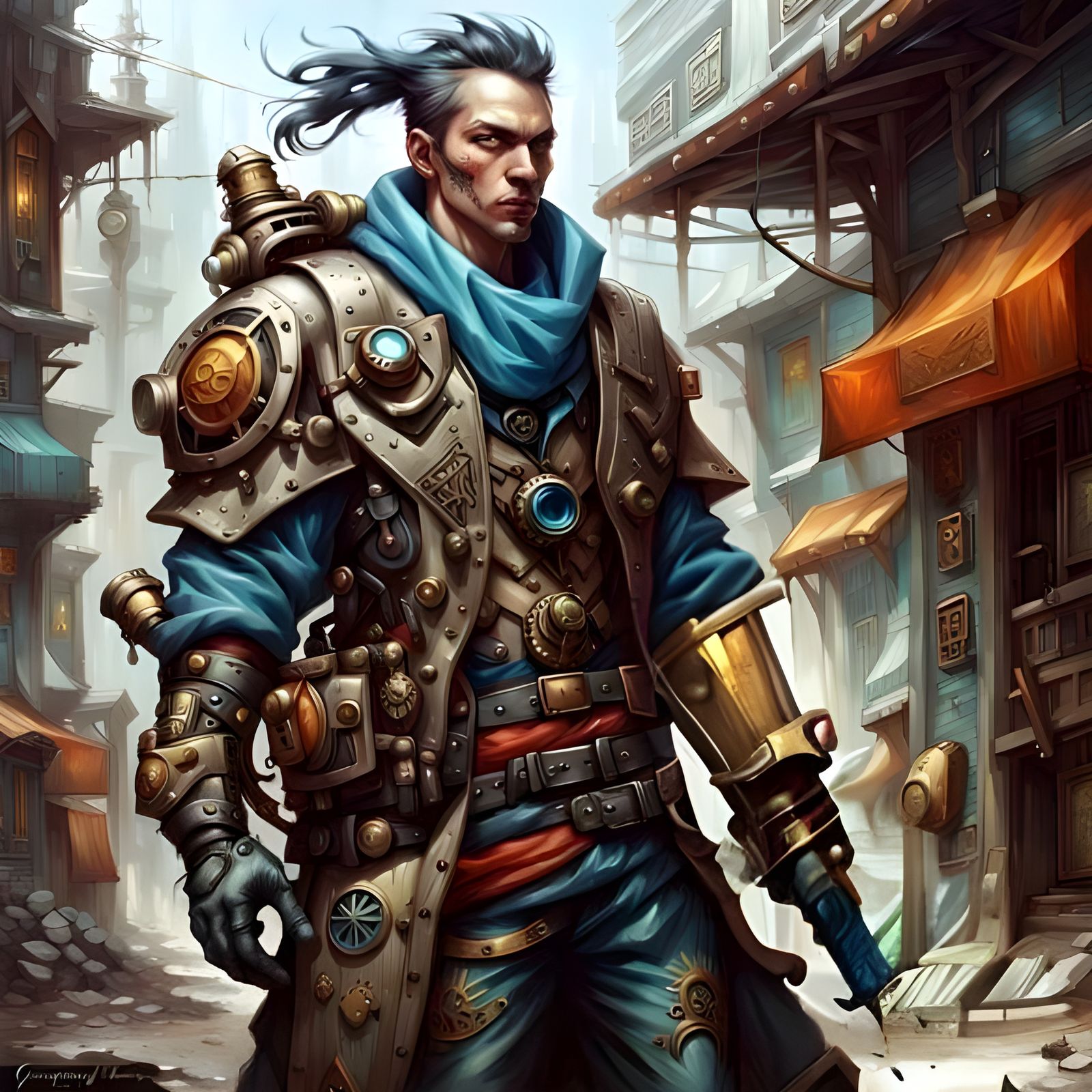 Ancient RPG Warrior Concept Art in Steampunk Style