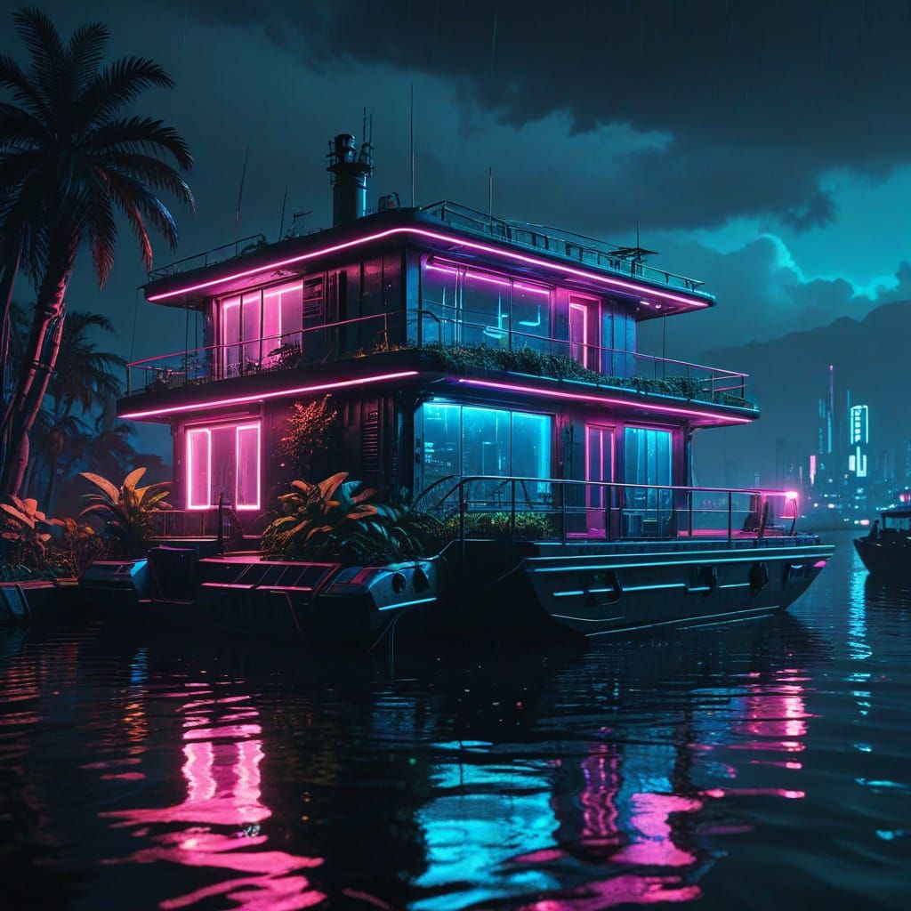 Cyberpunk Houseboat with Neon Lights on the Sea