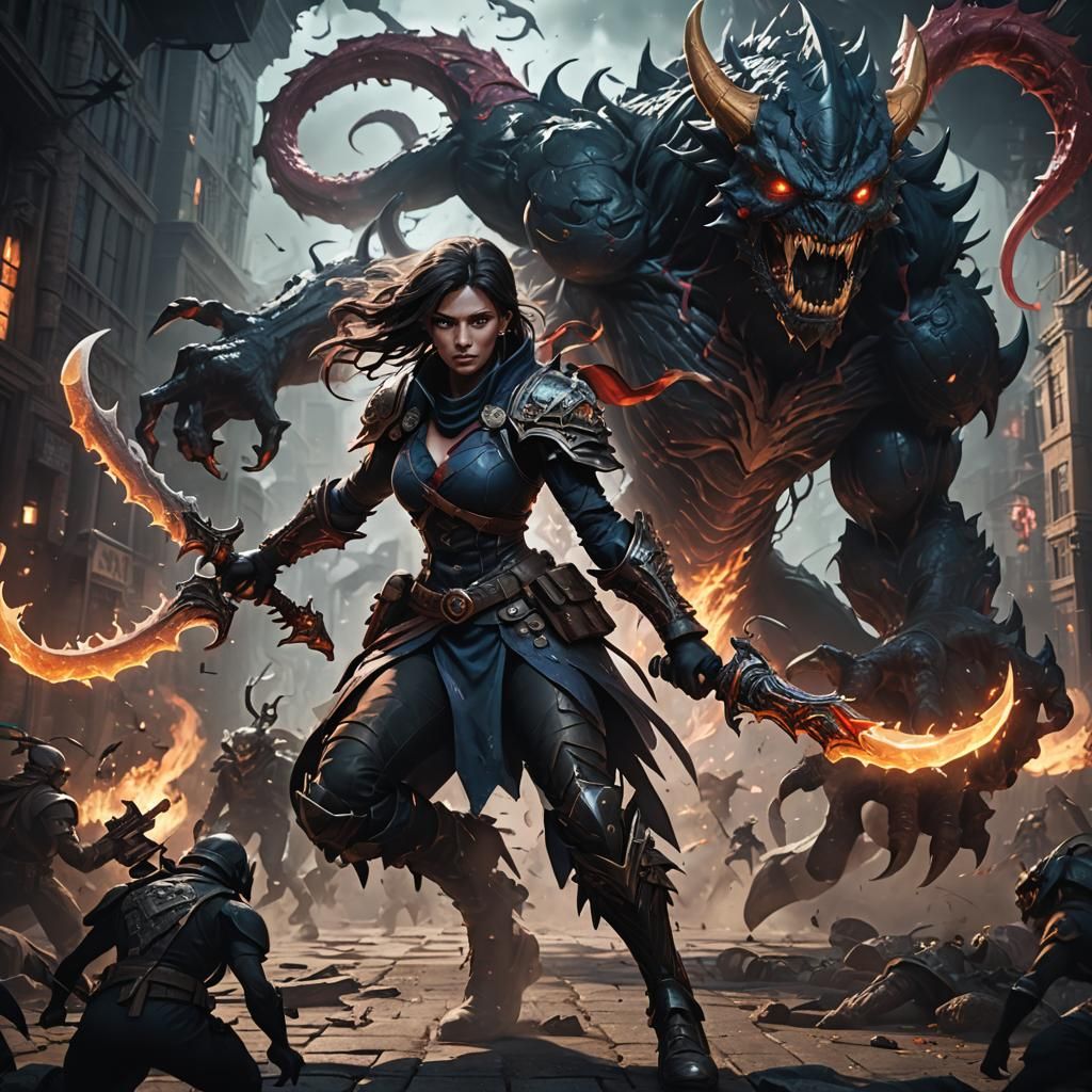 Girl Fighting Shadow Monsters: Fantasy Concept Art