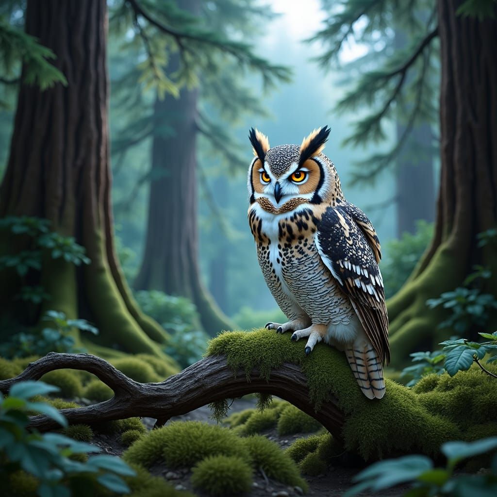 Majestic Owl with Redwood Bark Feathers in Moonlit Forest