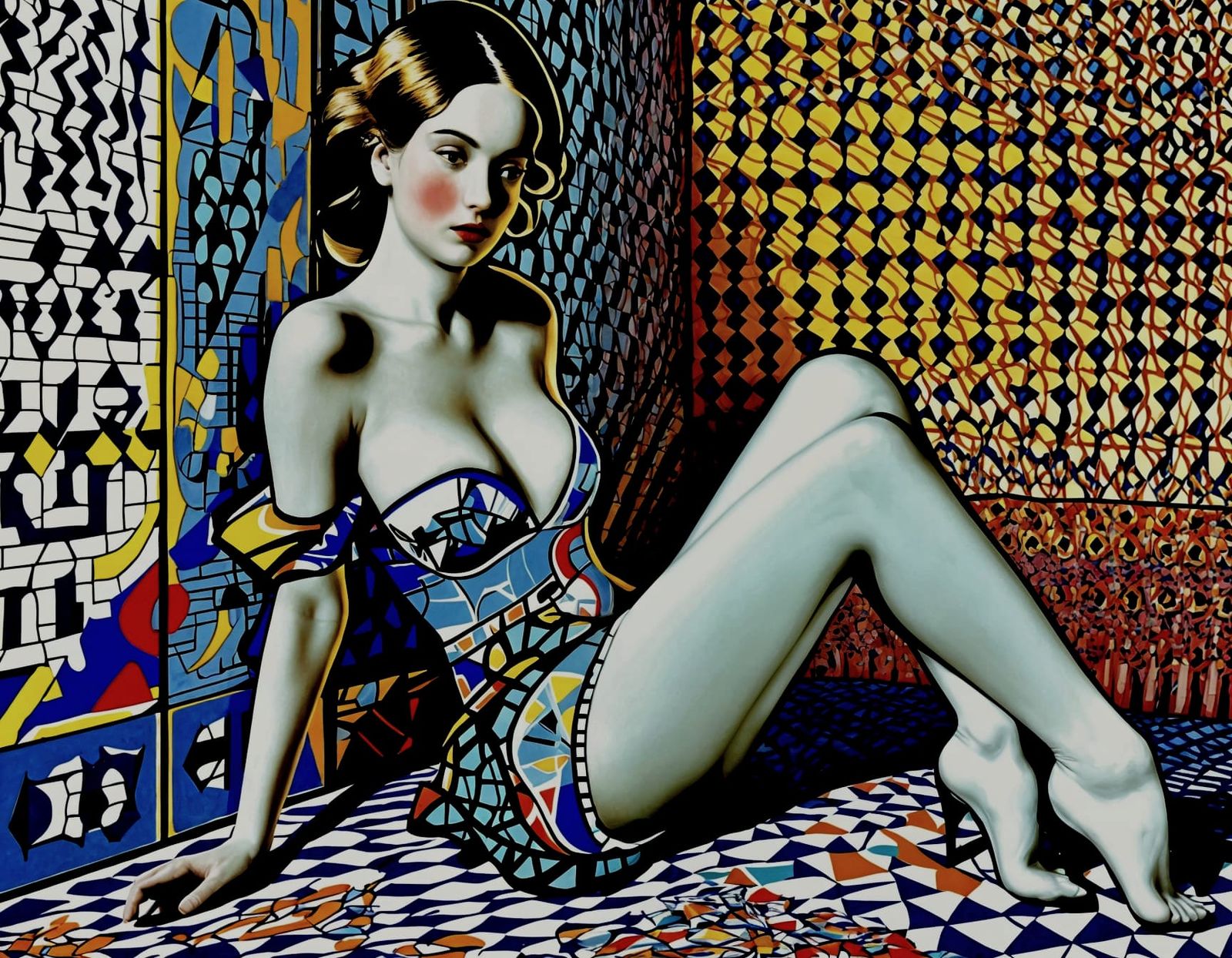 Retro Futurist Girl in White Swimsuit, MC Escher Style