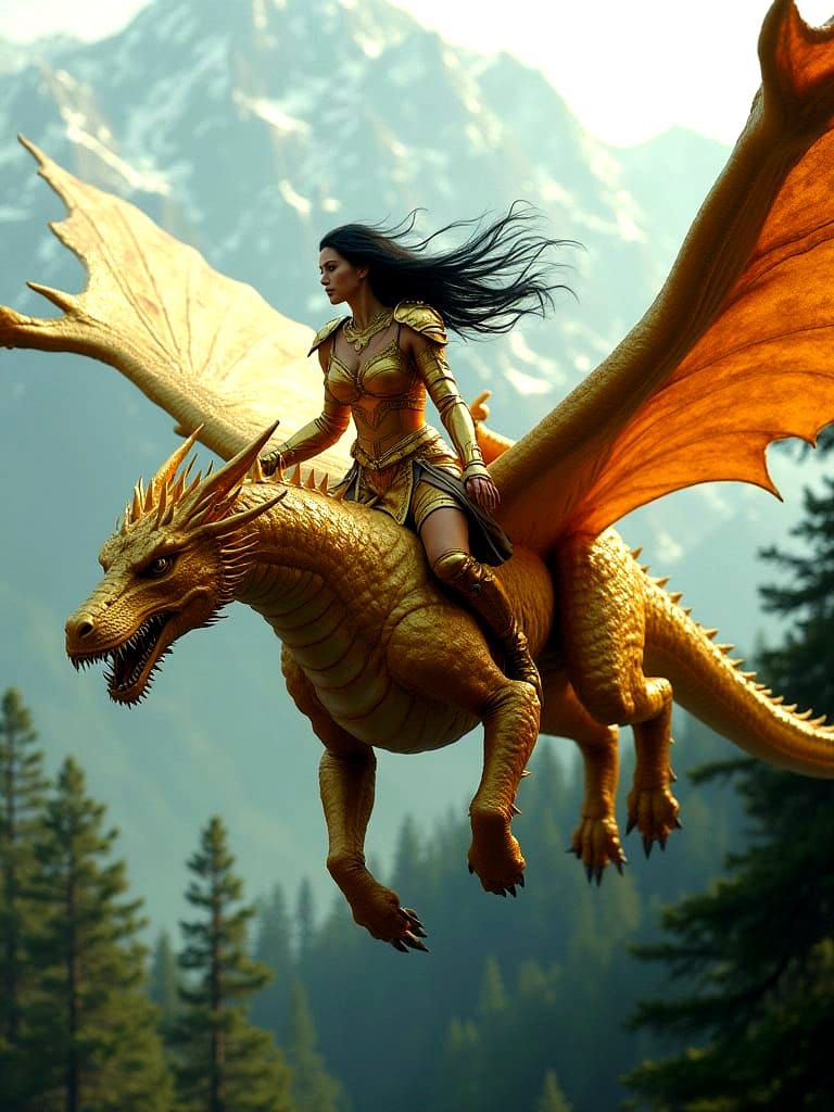 Ethereal Goddess Rides Golden Dragon Above Majestic Mountain...