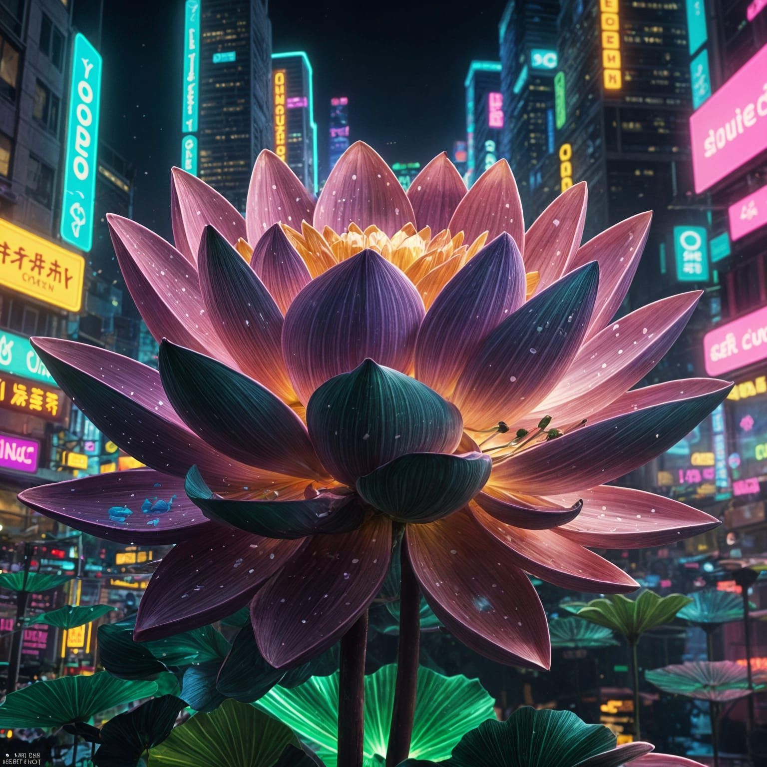 Neon Lotus Blooms Amidst Futuristic Cityscape