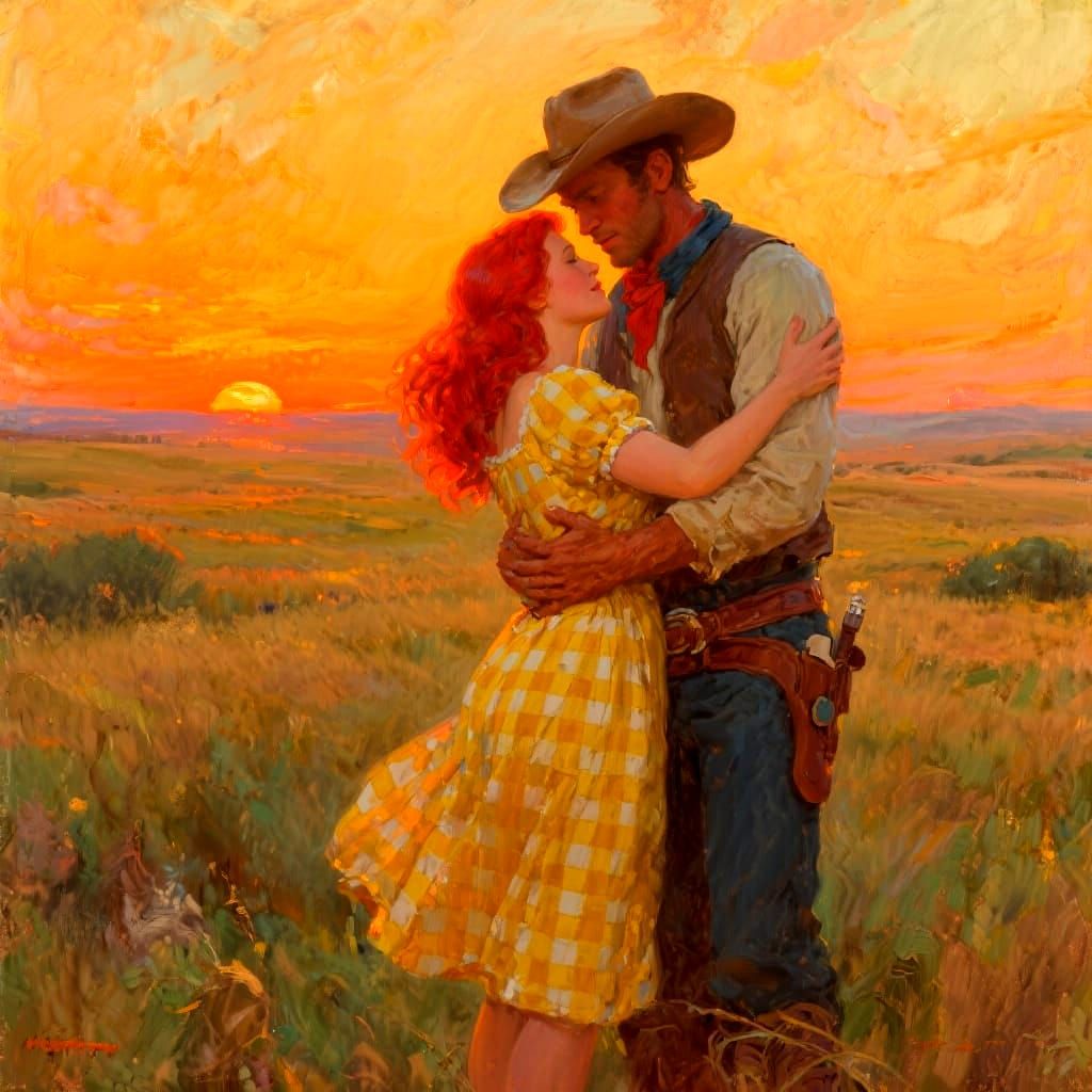 Cowboy and Woman Embrace at Sunset: Expressionist Oil Painti...