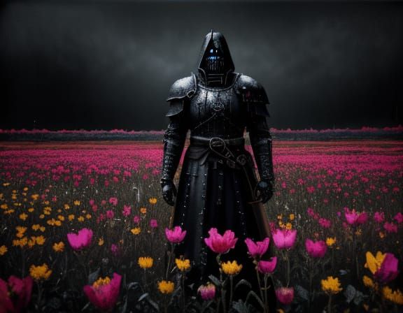 Grim Knight Amidst Glowing Flowers in Grunge Oil Painting St...