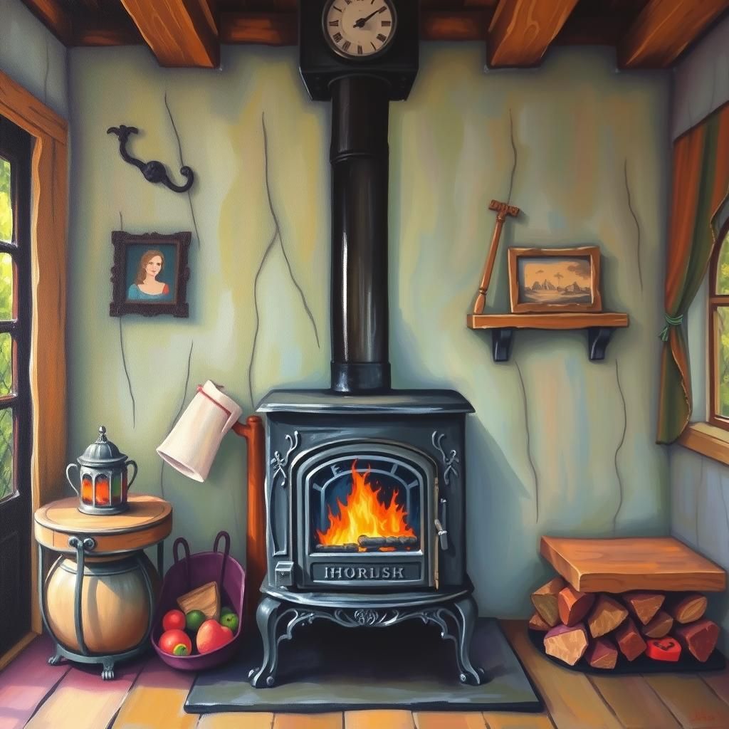 Fantasy Cottage Interior with Cast Iron Stove