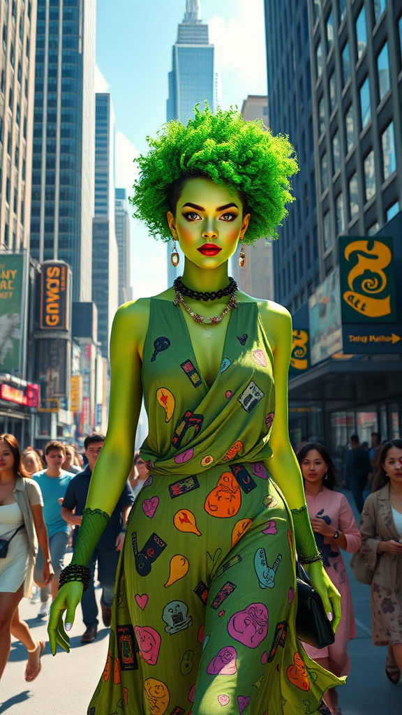 Green-Skinned Woman Striding Confidently Through City Street