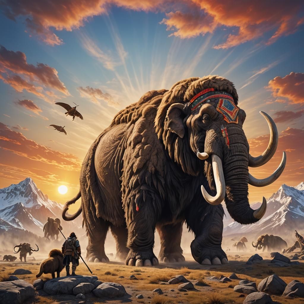 Warrior on Mammoth Rides into Sunrise Battle