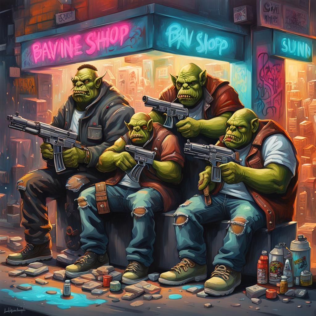 Gangsta Orcs Buying Machine Guns: Graffiti Art