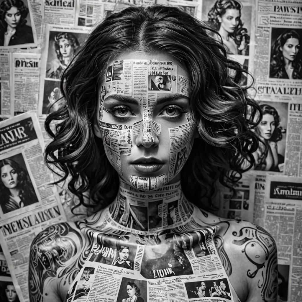 Monochrome Woman with Newspaper Print Skin: Fine Art Photogr...