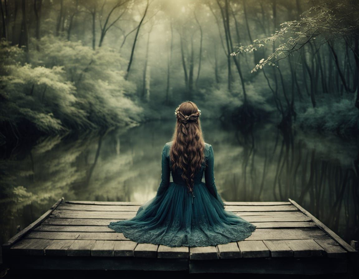 Girl Contemplates Nature in Intricately Detailed Landscape