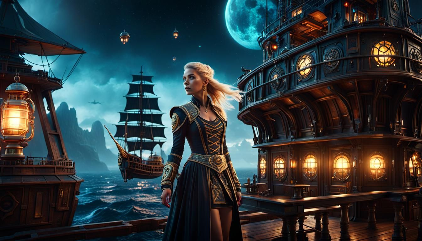 Futuristic Lantern Lights Pirate Spaceship: Maximalist Digit...