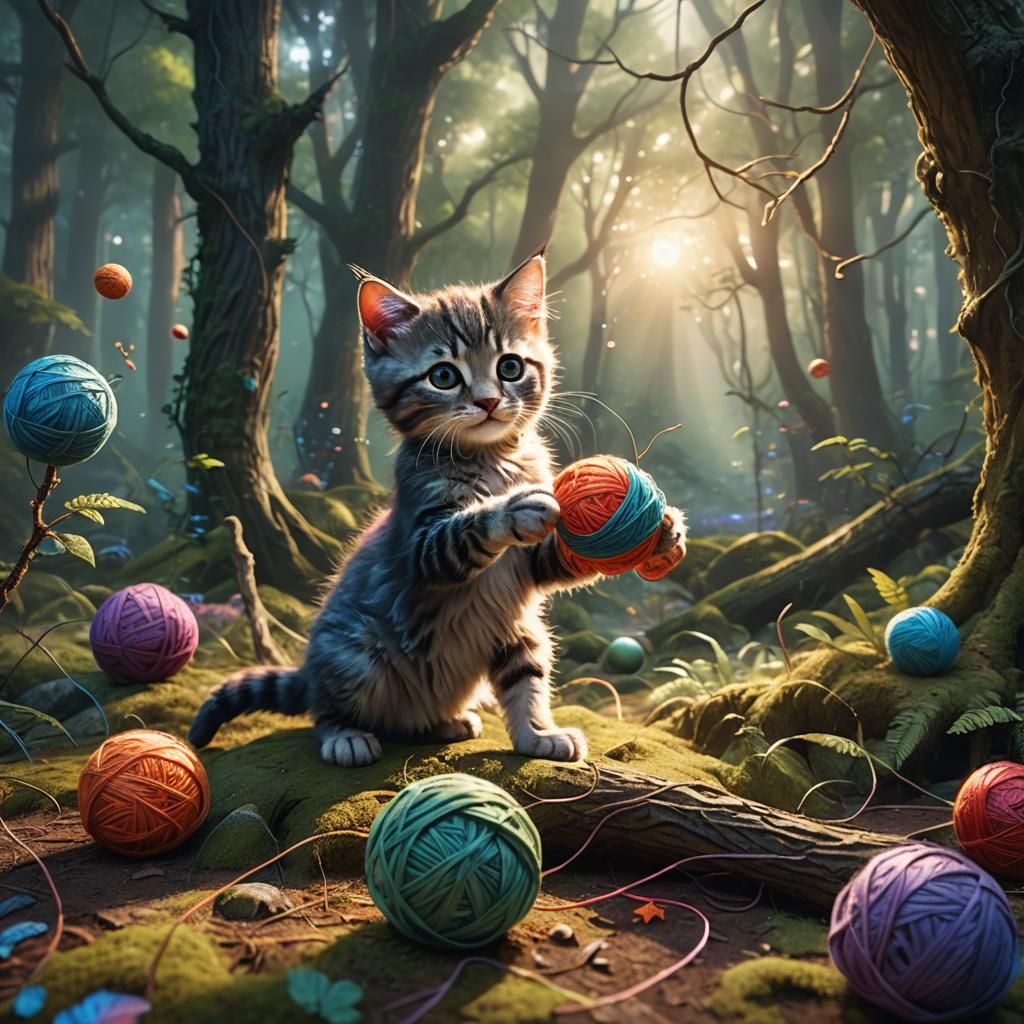 Kitten's Whimsical Yarn Adventure: Digital Fantasy Art