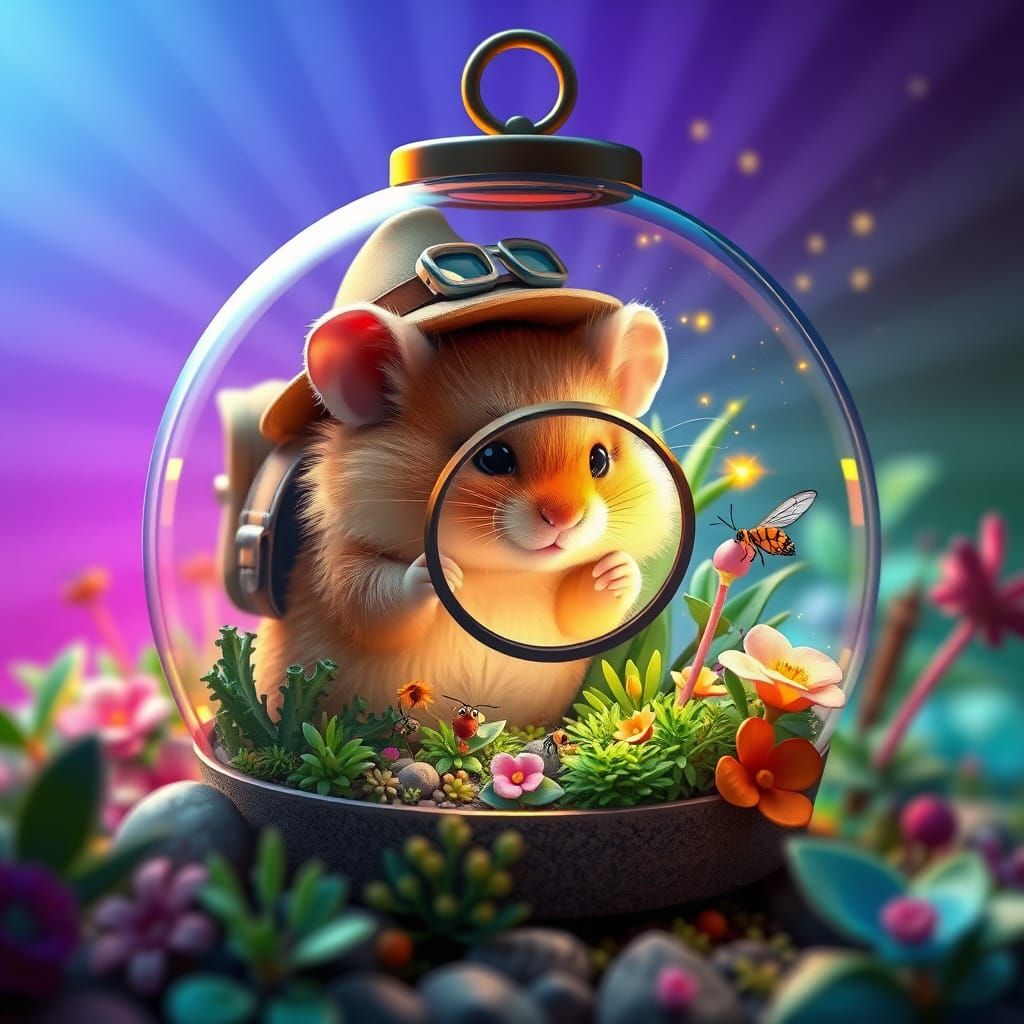 Hamster Explorer in Lush Terrarium, Pixar-esque 3D Art