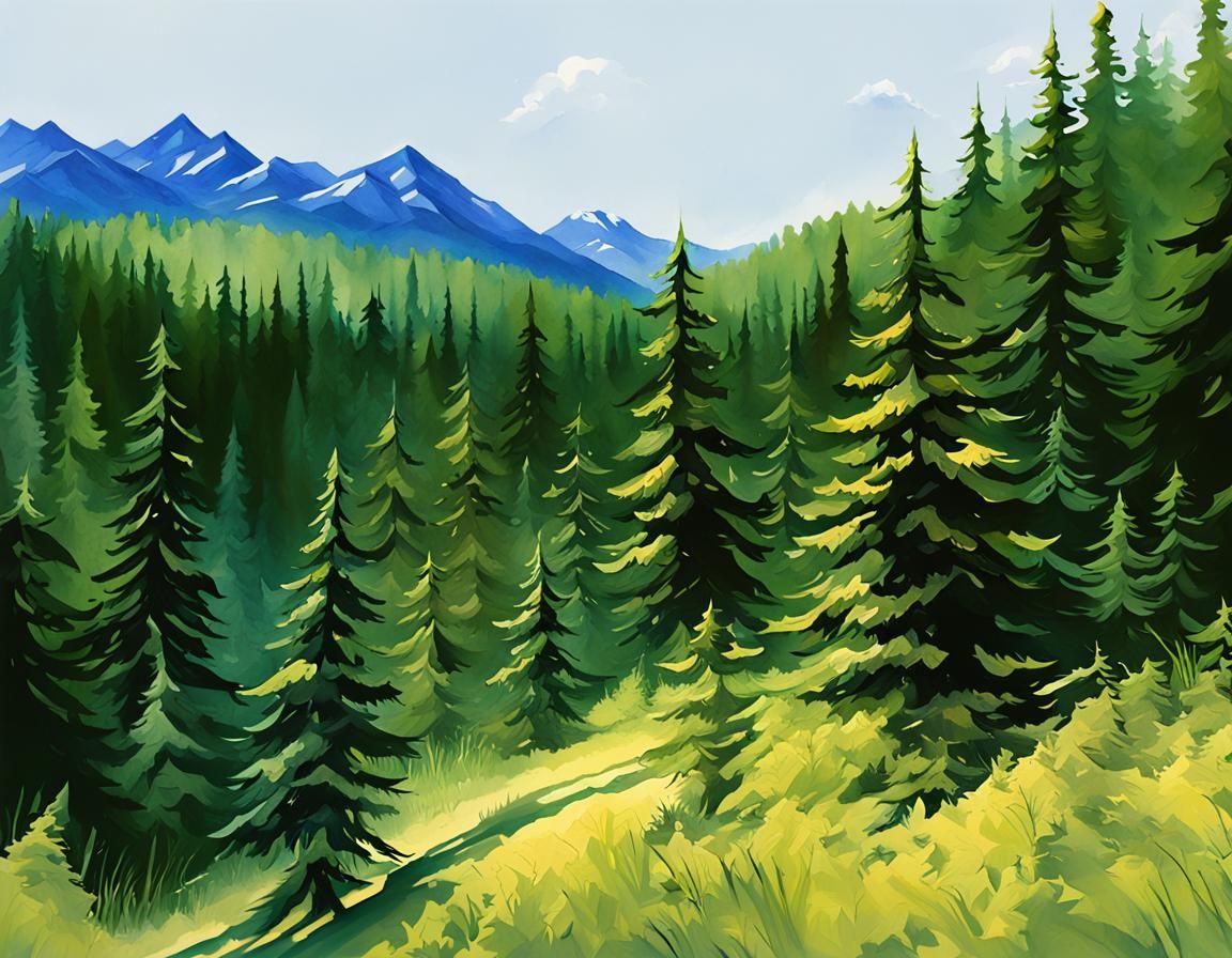 Mountain forest of evergreen trees. Blue mountain ranges in ...