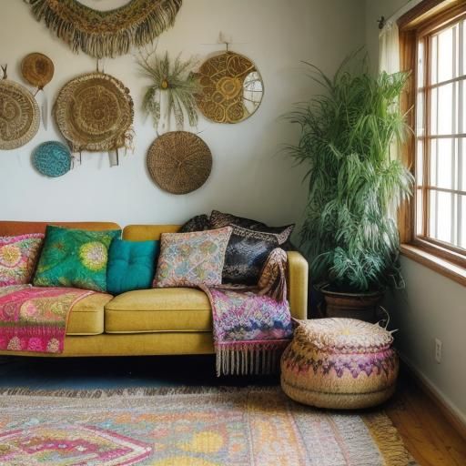 Bohemian Woman on Vintage Couch in Cozy Room
