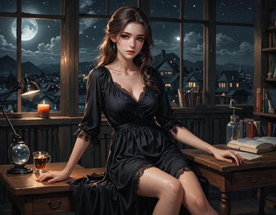 Woman in Nightgown in Moonlit Classroom