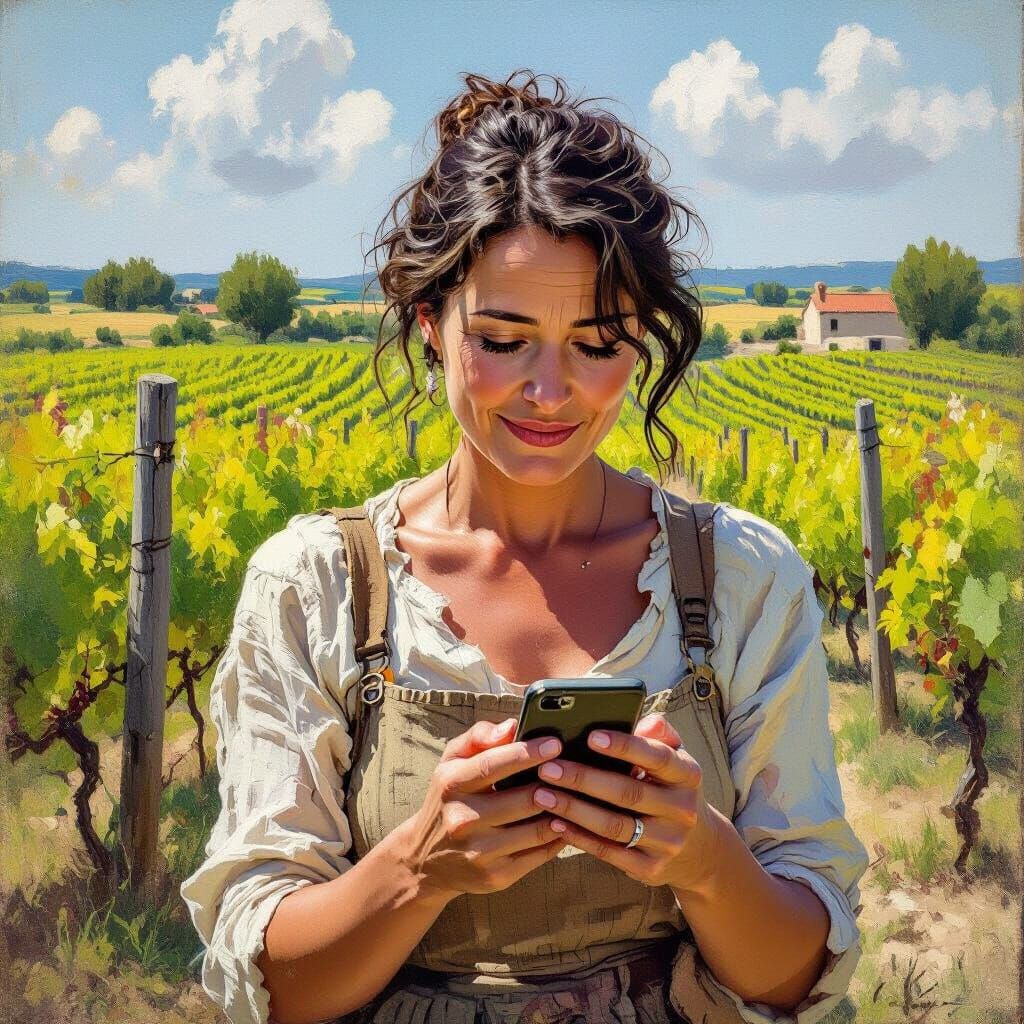 Euphoric French Woman in Vineyard: Impressionistic Painting