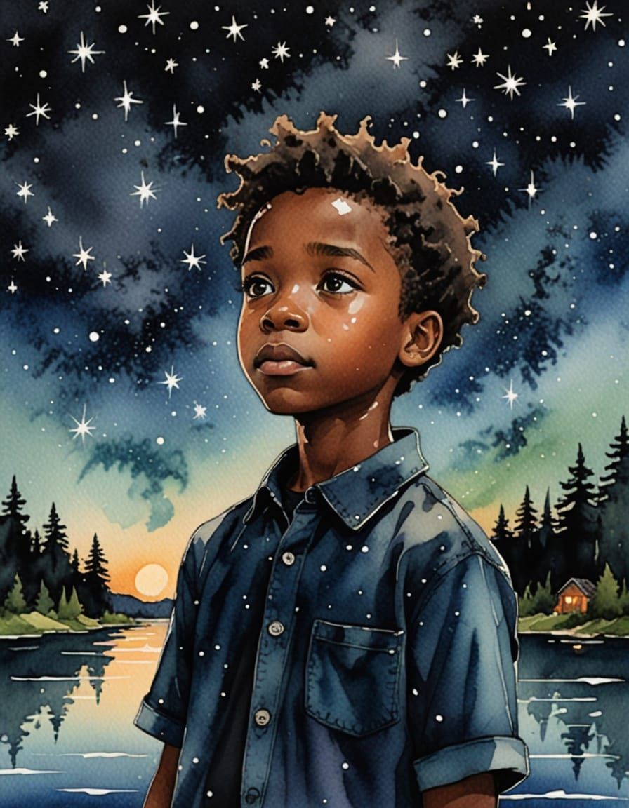 Watercolor Boy Gazing at Stars Reflection