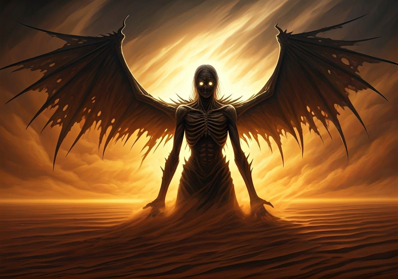 Desert Demon Emerges from Sandstorm in Surreal Style