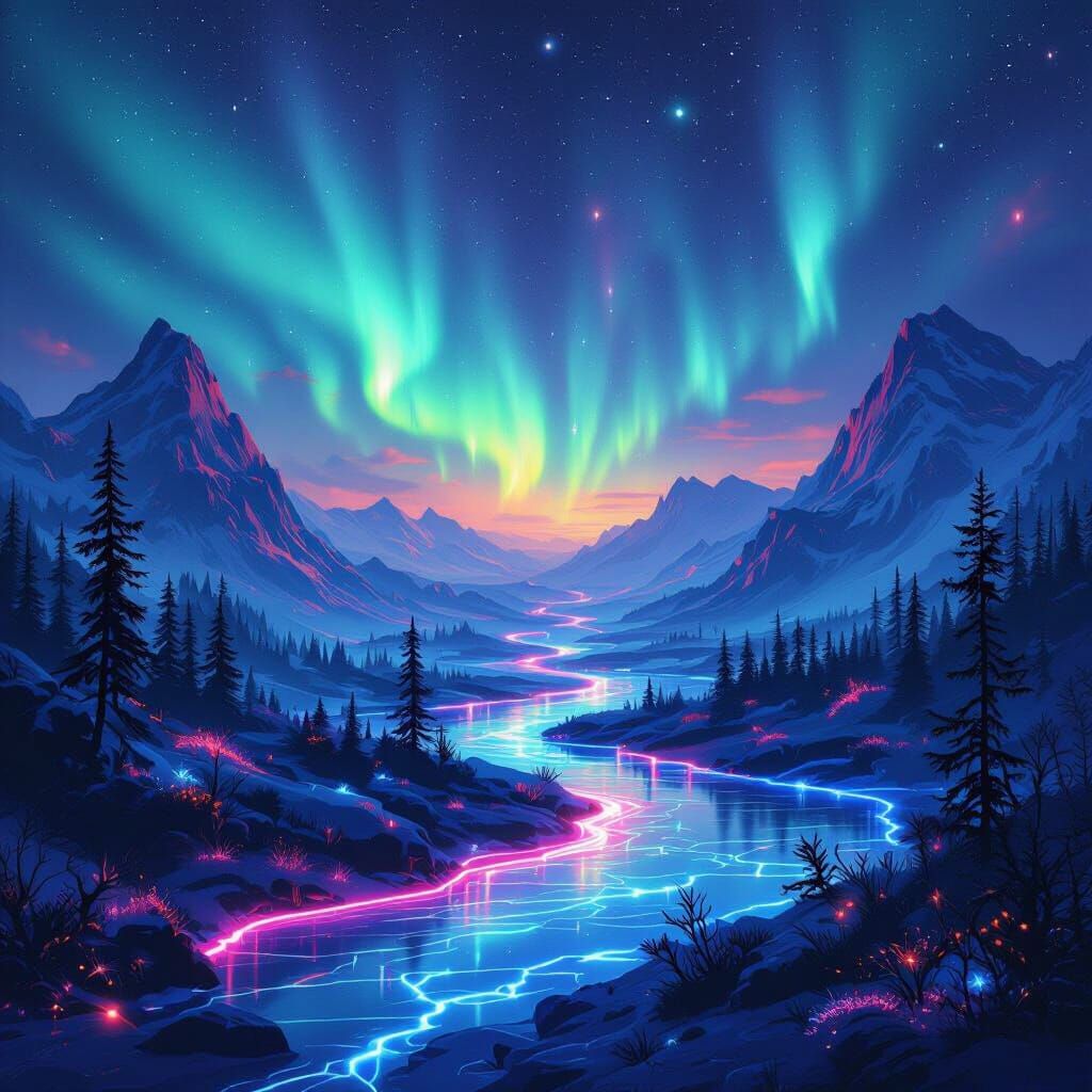 Mystical Realms Map with Aurora Borealis and Neon Pathways