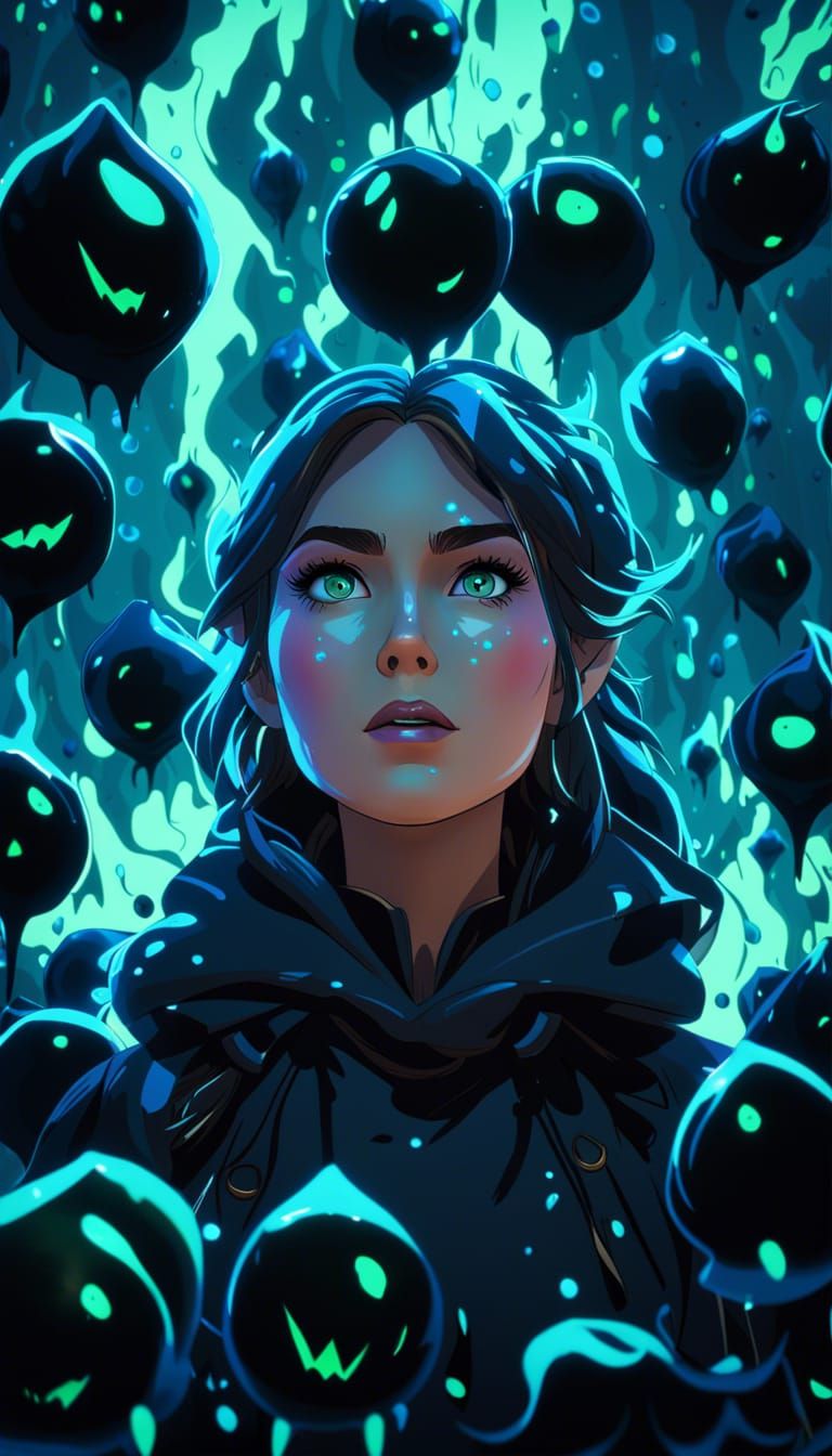 Gothic Woman Surrounded by Slime in Disney Style