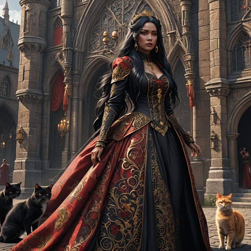 Gothic Princess with Cats in Detailed Digital Painting