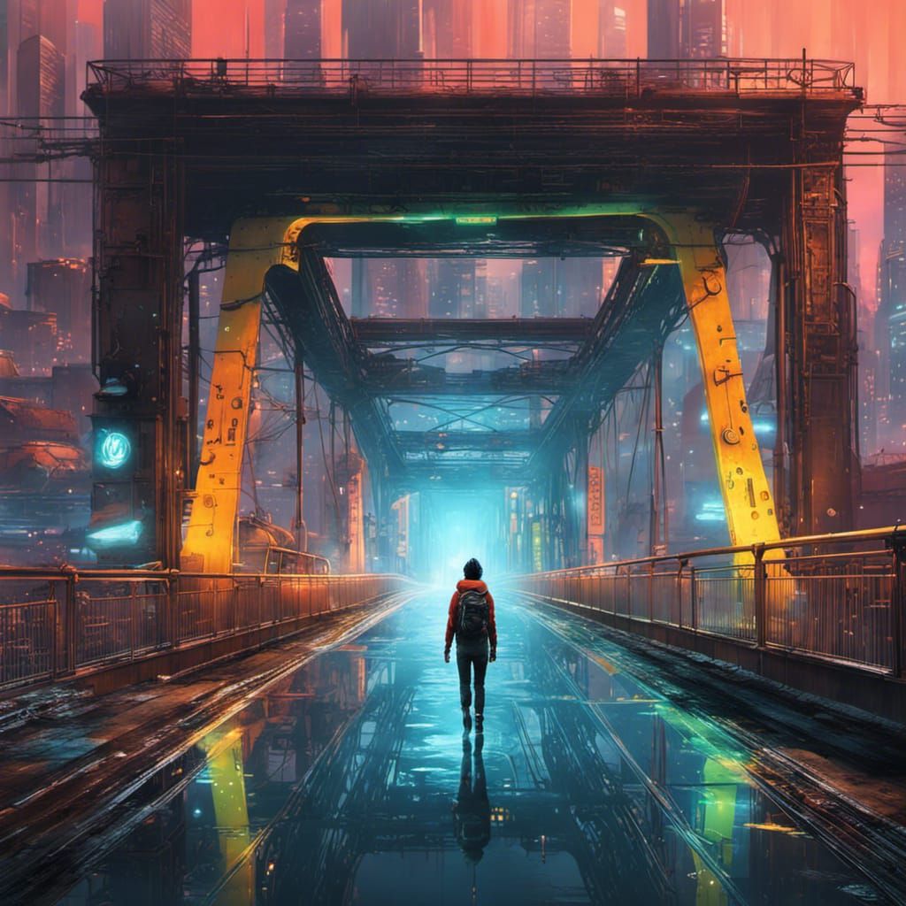 Cyberpunk Industrial Bridge City in Splash Art Style