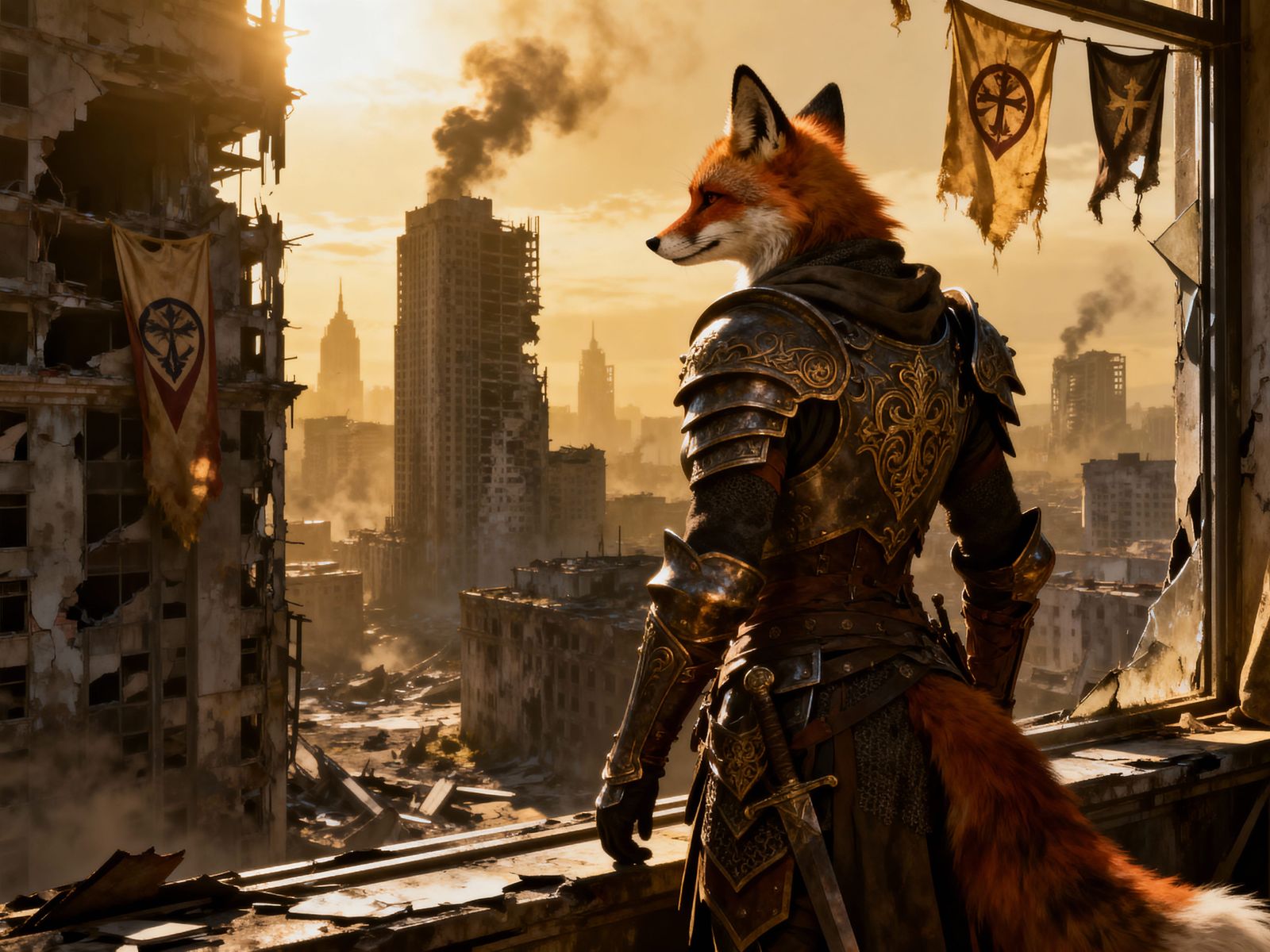 Fox Warrior Surveys Ruined Cityscape