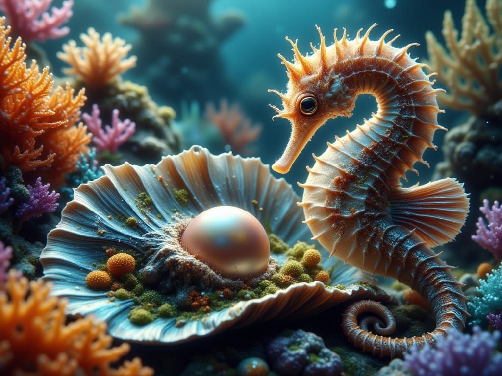 Seahorse Inspects Pearl in Vibrant Coral Reef