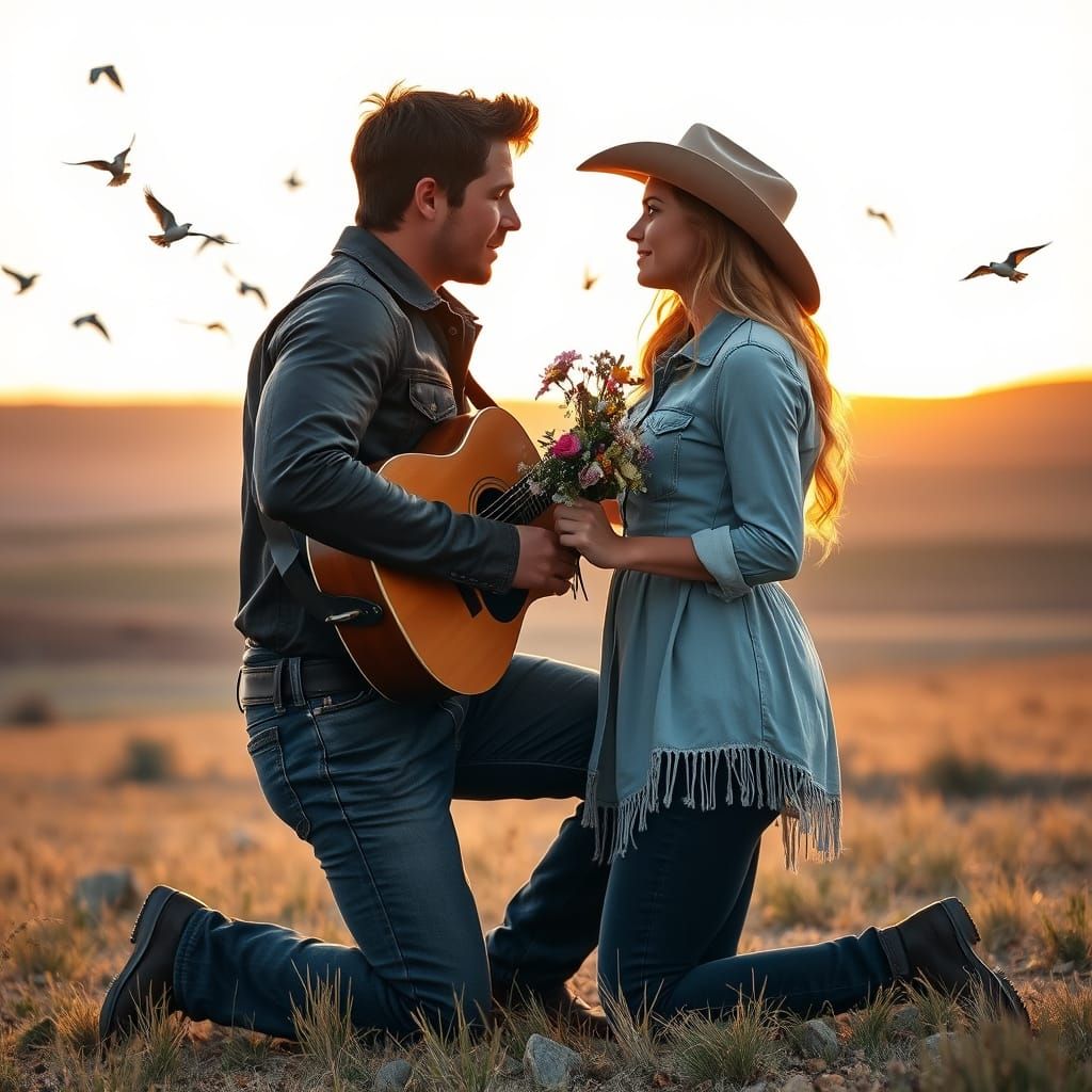 Dark Cowboy Proposes to Blonde Country Woman in a Golden Sun...